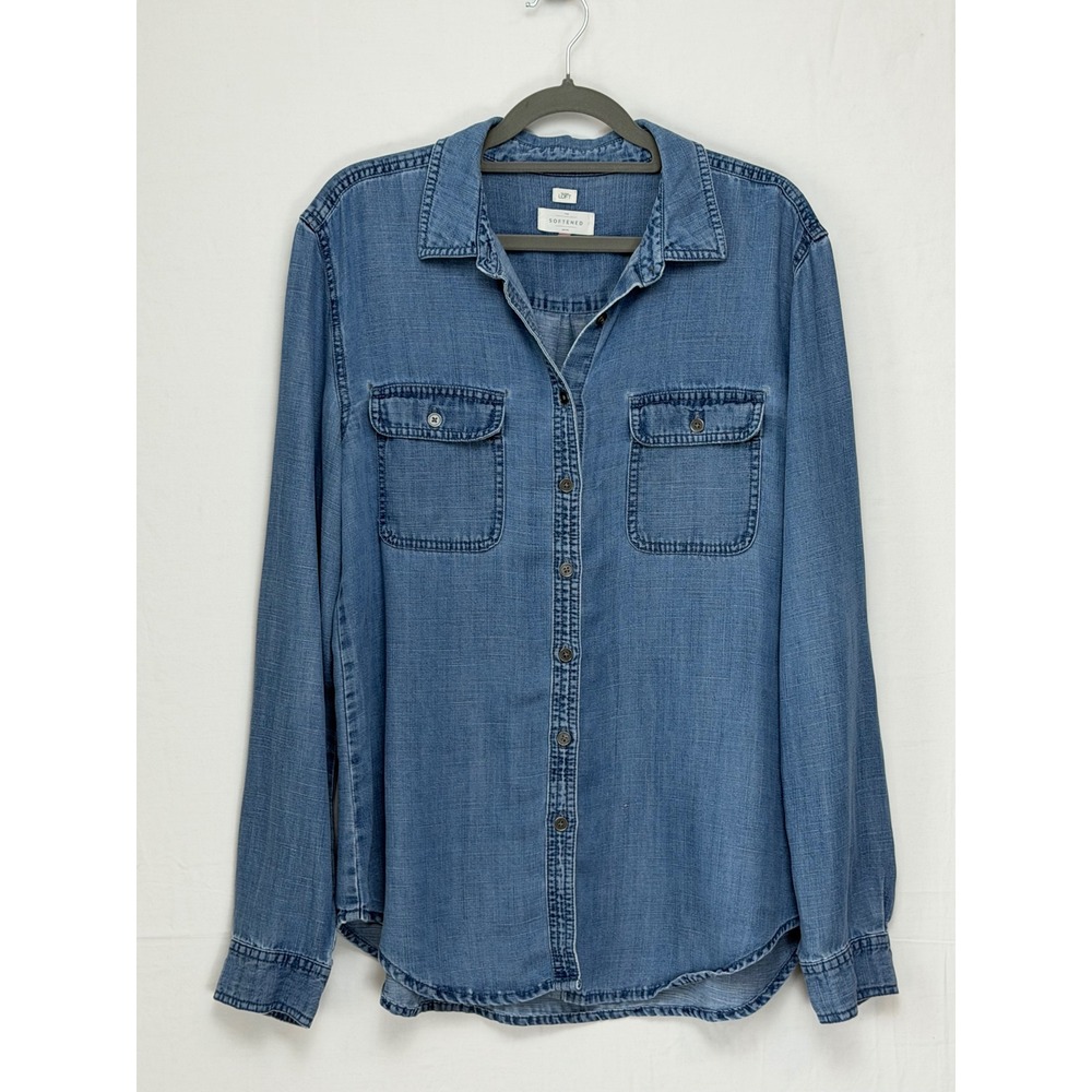 LOFT Women Linen Blend Button Down Shirt Size M Blue Long Sleeve Pocket Front